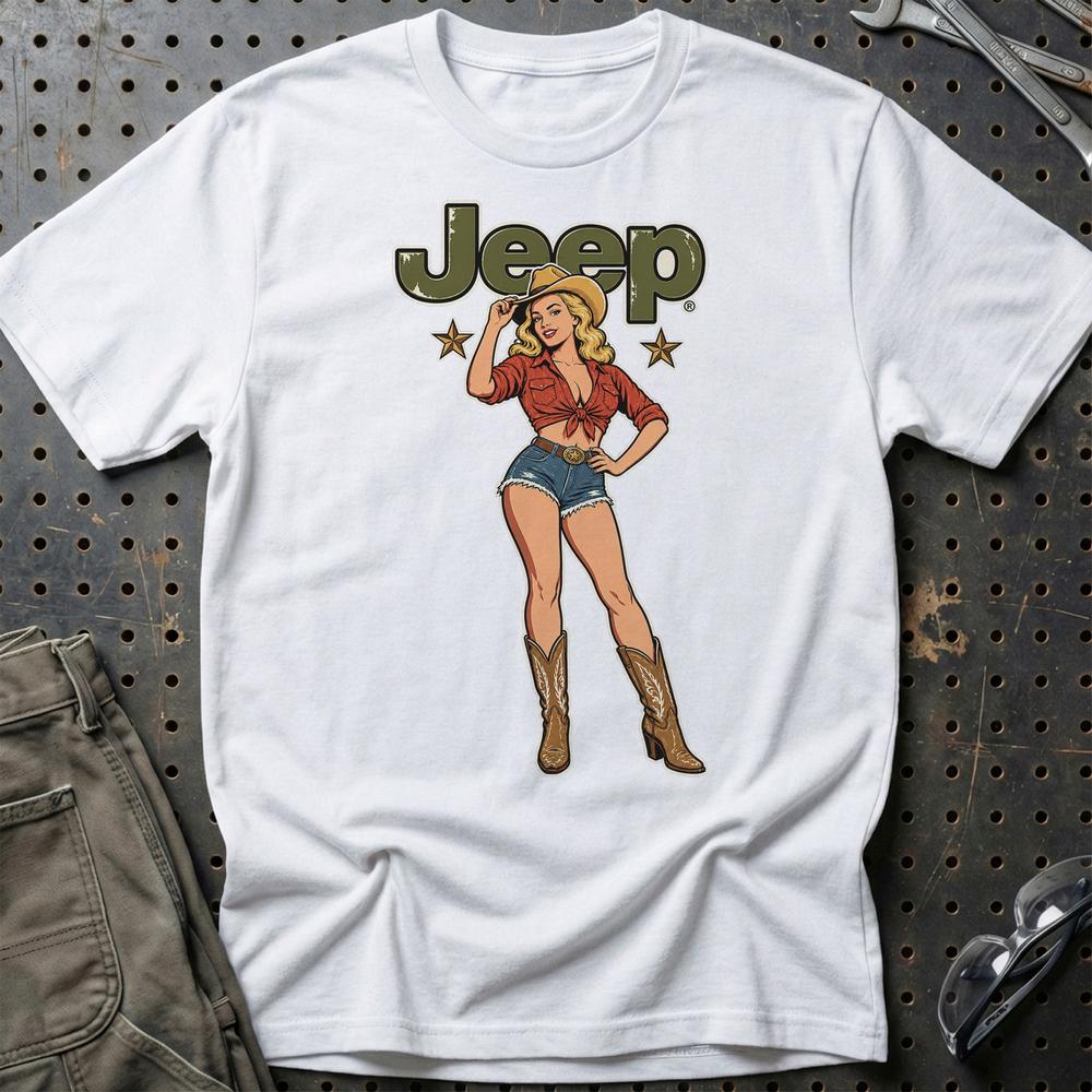 Jeep Cowboy Pinup T-Shirt-Beklædning-Jeep-Hvid-S-Garage Culture Shop- garage - man cave - merchandise