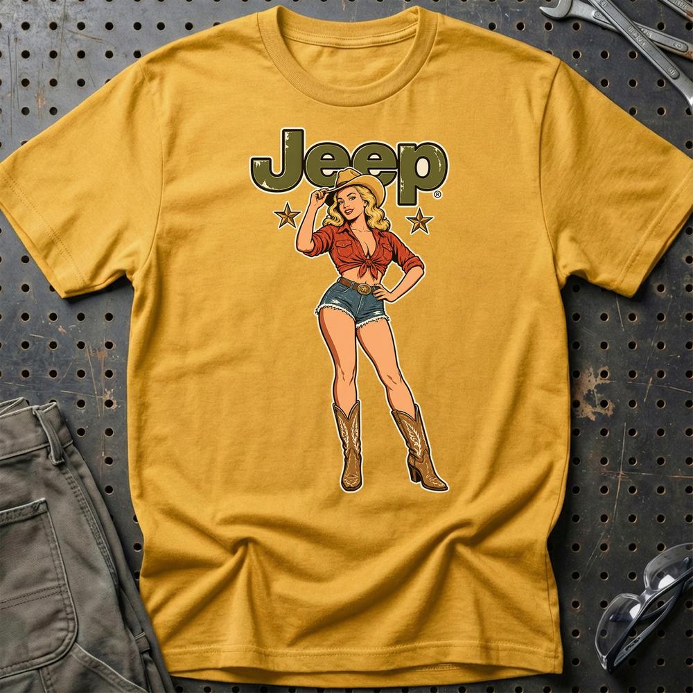 Jeep Cowboy Pinup T-Shirt-Beklædning-Jeep-Guld-S-Garage Culture Shop- garage - man cave - merchandise