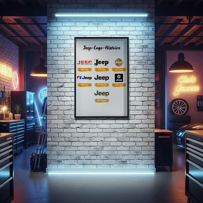 Jeep Logo Histoire Skilte, Musemåtte, Dørmåtte-Skilte-Jeep-Garage Culture Shop- garage - man cave - merchandise