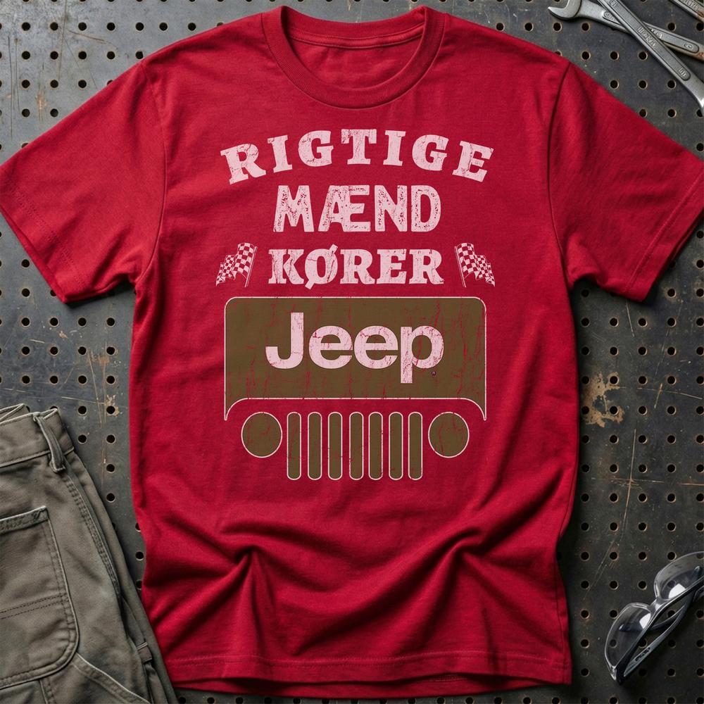 Jeep Rigtige Mænd Kører - Unisex T-Shirt , Bomuld-Beklædning-Jeep-Rød-S-Garage Culture Shop- garage - man cave - merchandise