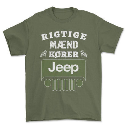 Jeep Rigtige Mænd Kører - Unisex T-Shirt , Bomuld-Beklædning-Jeep-Grøn Militær-S-Forside-Garage Culture Shop- garage - man cave - merchandise