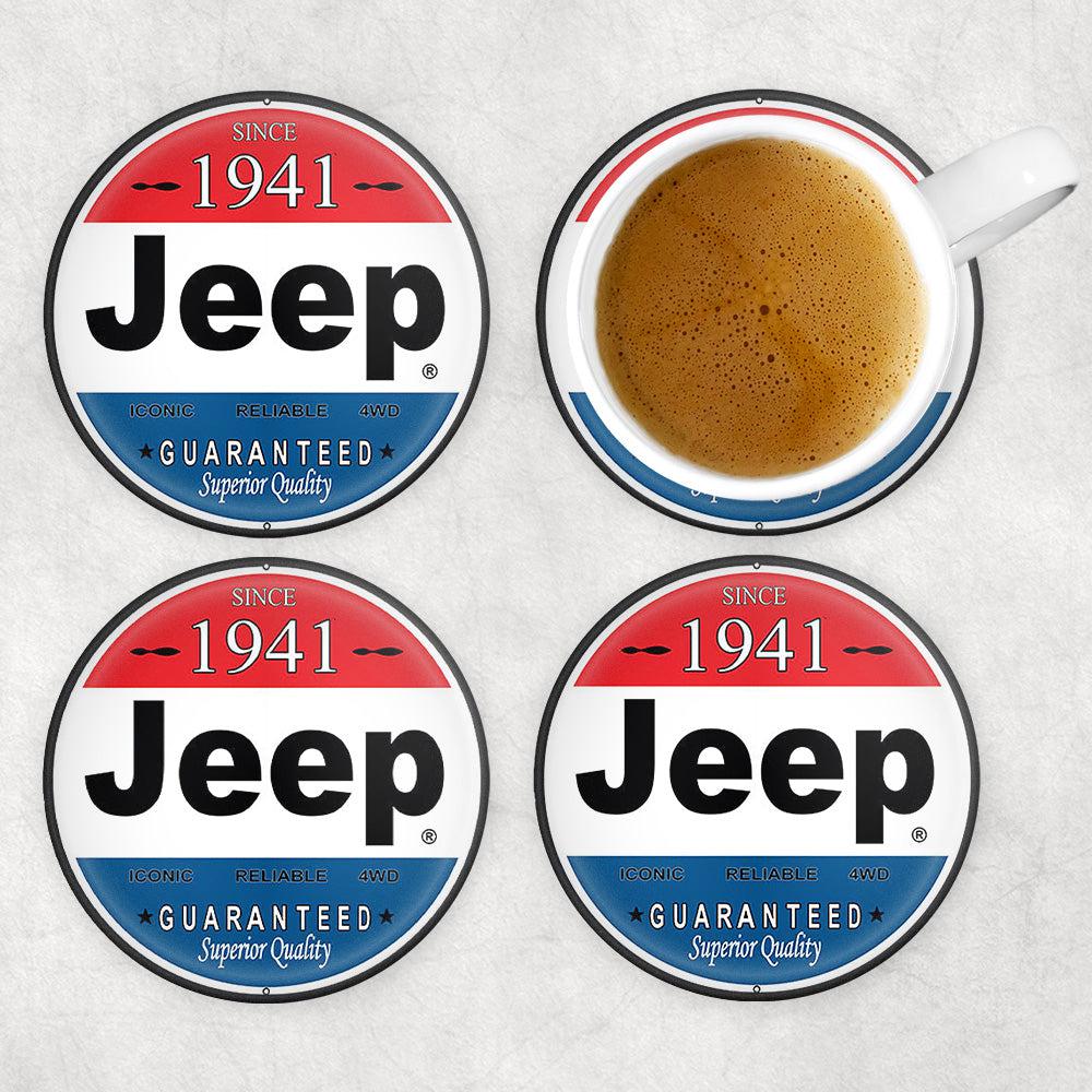Jeep Superior Quality Since 1941, Runde Skilte , Musemåtte Rundt , Kop Underlag, Underlagssæt-Runde Skilte-Jeep-Garage Culture Shop- garage - man cave - merchandise