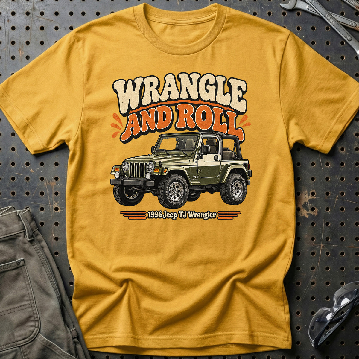 
Jeep TJ Wrangler 1996 – Wrangle and Roll T-Shirt – Guld