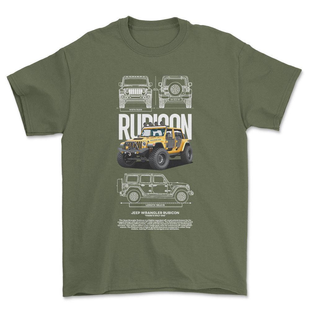 Jeep Wrangler Rubicon - Unisex T-Shirt , Bomuld-Beklædning-Jeep-Grøn Militær-S-Forside-Garage Culture Shop- garage - man cave - merchandise