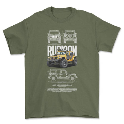 Jeep Wrangler Rubicon - Unisex T-Shirt , Bomuld-Beklædning-Jeep-Grøn Militær-S-Forside-Garage Culture Shop- garage - man cave - merchandise