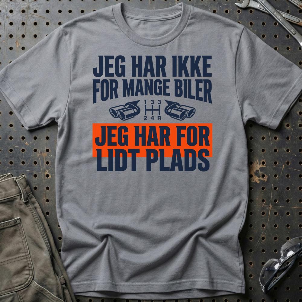 Jeg Har Ikke For Mange Biler – Jeg Har For Lidt Plads Unisex T-Shirt , Bomuld-Beklædning-Garage Culture-Grå Sport-S-Garage Culture Shop- garage - man cave - merchandise