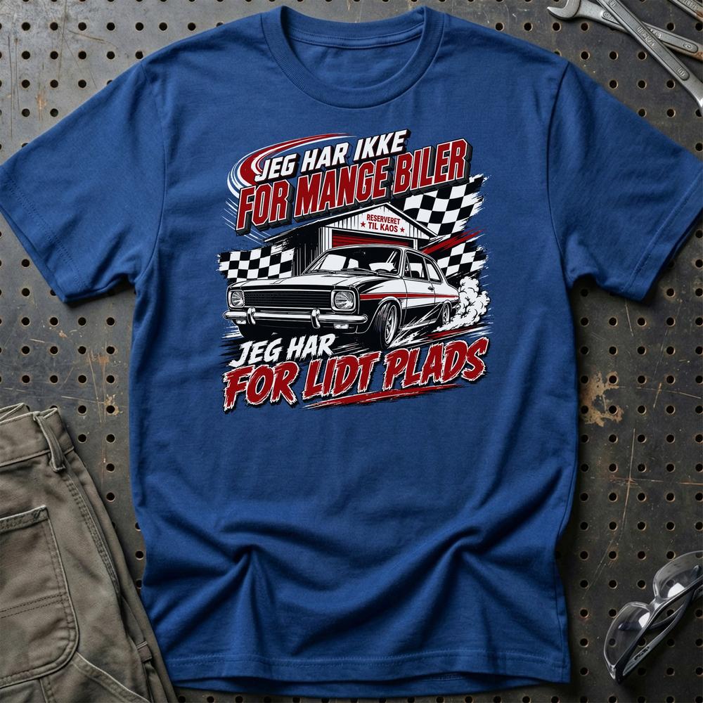 Jeg Har Ikke For Mange Biler – Jeg Har For Lidt Plads Unisex T-Shirt , Bomuld-Beklædning-Garage Culture-Blå Royal-S-Garage Culture Shop- garage - man cave - merchandise