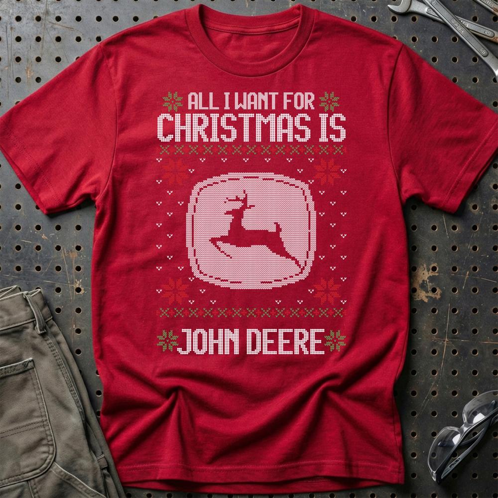 John Deere - All I Want For Christmas - Unisex T-Shirt , Bomuld-Beklædning-John Deere-Rød-S-Garage Culture Shop- garage - man cave - merchandise