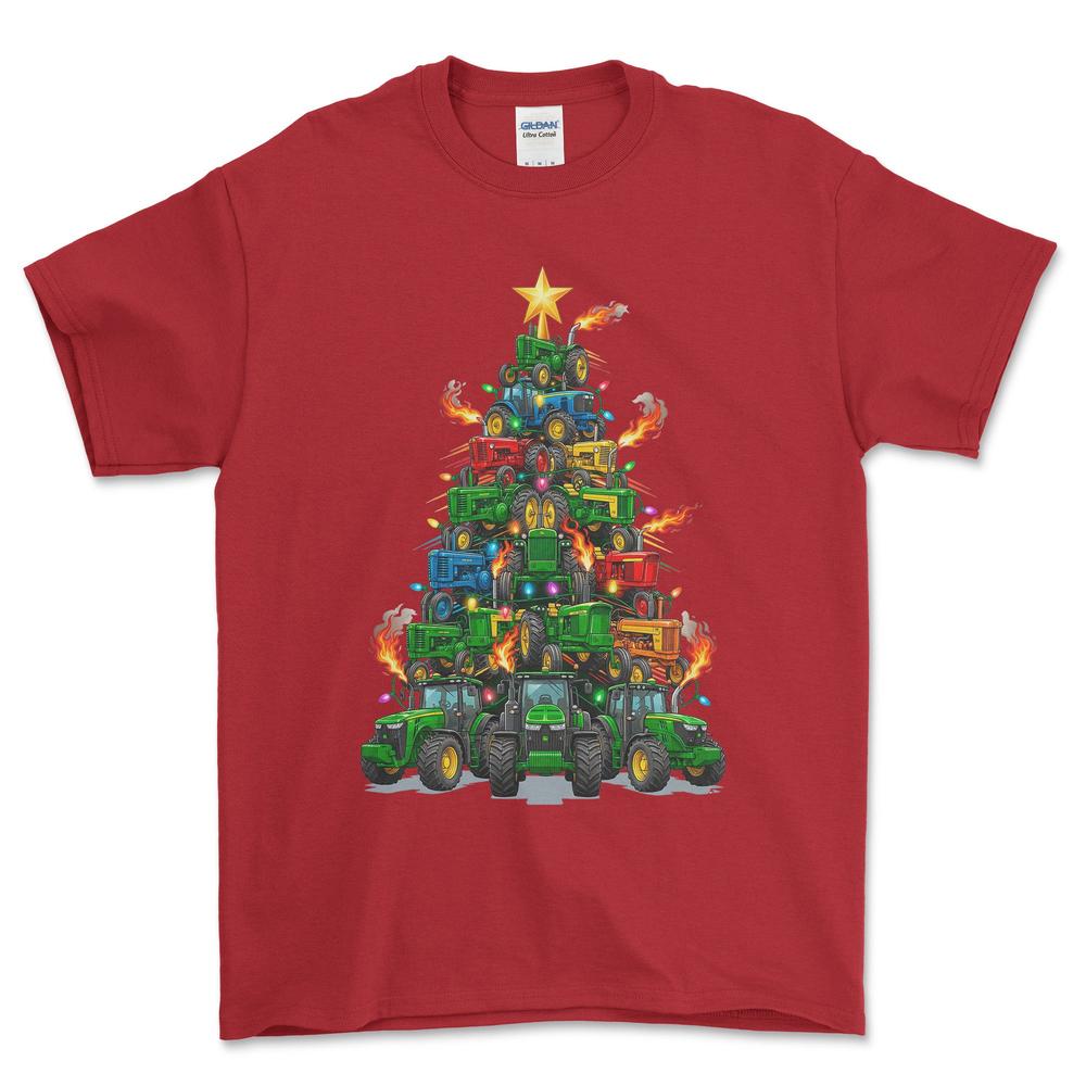 John Deere Juletræ Christmas Tree - Unisex T-Shirt-Beklædning-John Deere-Rød-S-Forside-Garage Culture Shop- garage - man cave - merchandise