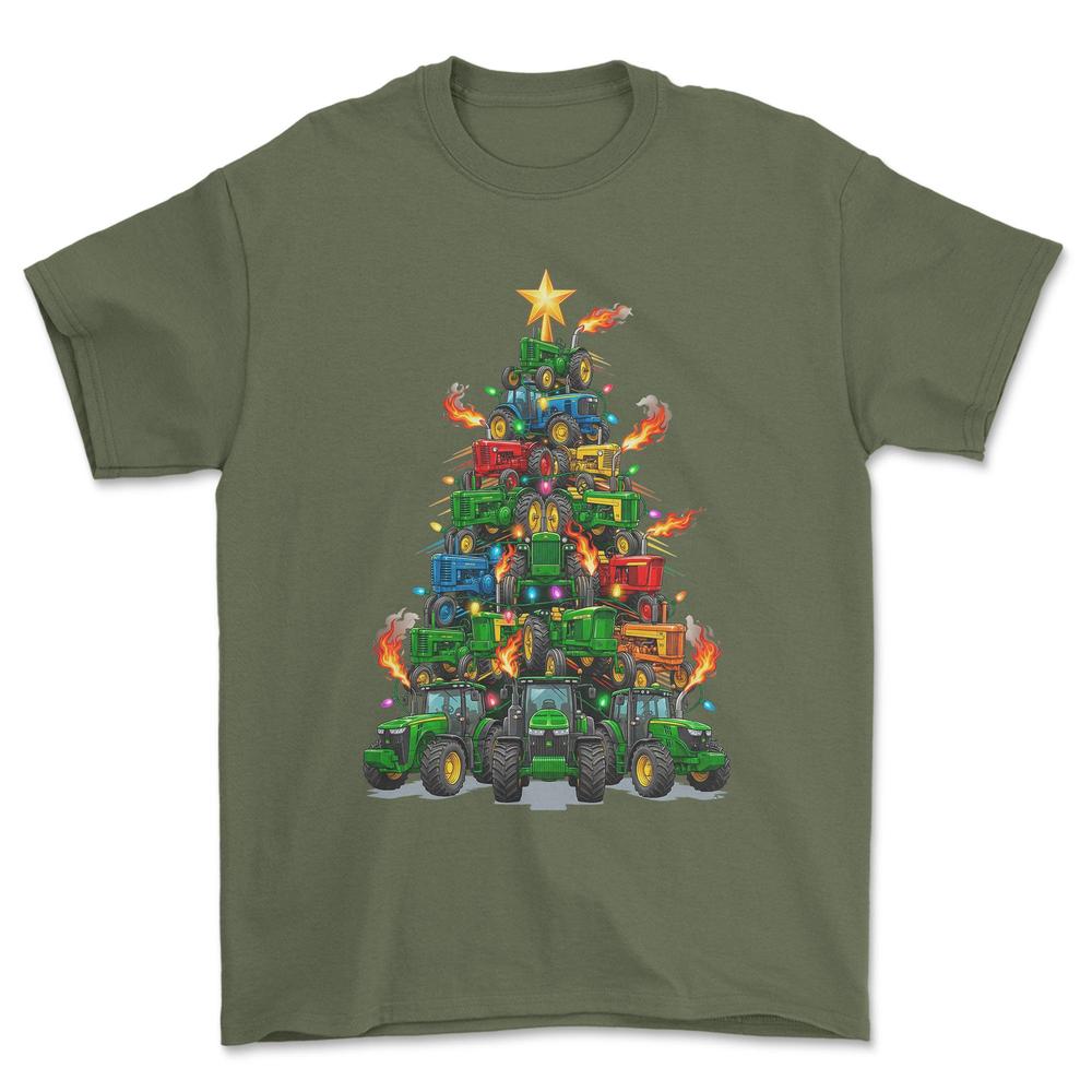 John Deere Juletræ Christmas Tree - Unisex T-Shirt-Beklædning-John Deere-Grøn Militær-S-Forside-Garage Culture Shop- garage - man cave - merchandise