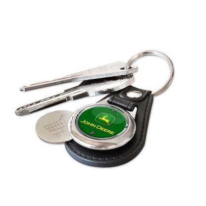John Deere - Nøglering med Indkøbsvognsmønt – Metal & Kunstlæder-Nøglering-John Deere-Garage Culture Shop- garage - man cave - merchandise