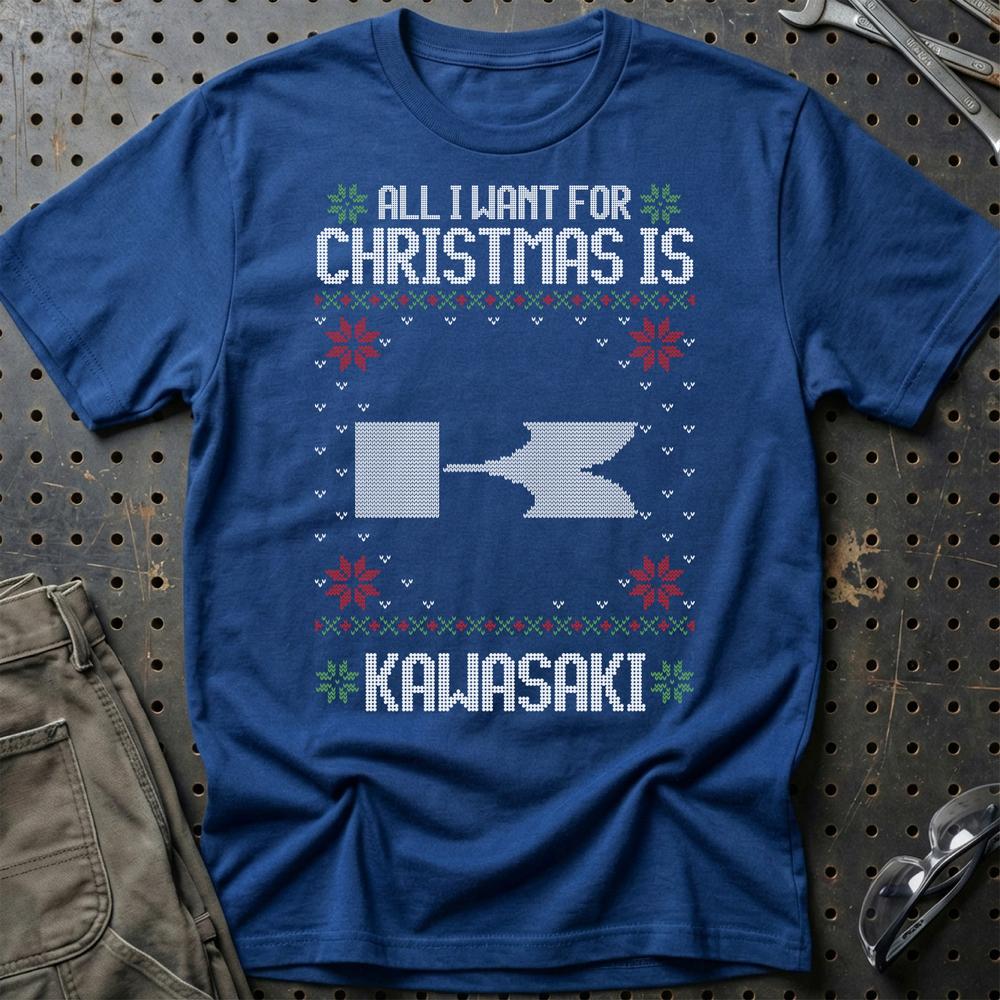 Kawasaki - All I Want For Christmas - Unisex T-Shirt , Bomuld-Beklædning-Kawasaki-Blå Royal-S-Garage Culture Shop- garage - man cave - merchandise