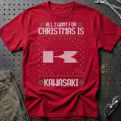 Kawasaki - All I Want For Christmas - Unisex T-Shirt , Bomuld-Beklædning-Kawasaki-Rød-S-Garage Culture Shop- garage - man cave - merchandise