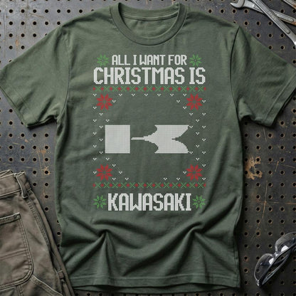 Kawasaki - All I Want For Christmas - Unisex T-Shirt , Bomuld-Beklædning-Kawasaki-Grøn Militær-S-Garage Culture Shop- garage - man cave - merchandise