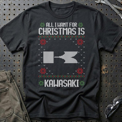 Kawasaki - All I Want For Christmas - Unisex T-Shirt , Bomuld-Beklædning-Kawasaki-Sort-S-Garage Culture Shop- garage - man cave - merchandise