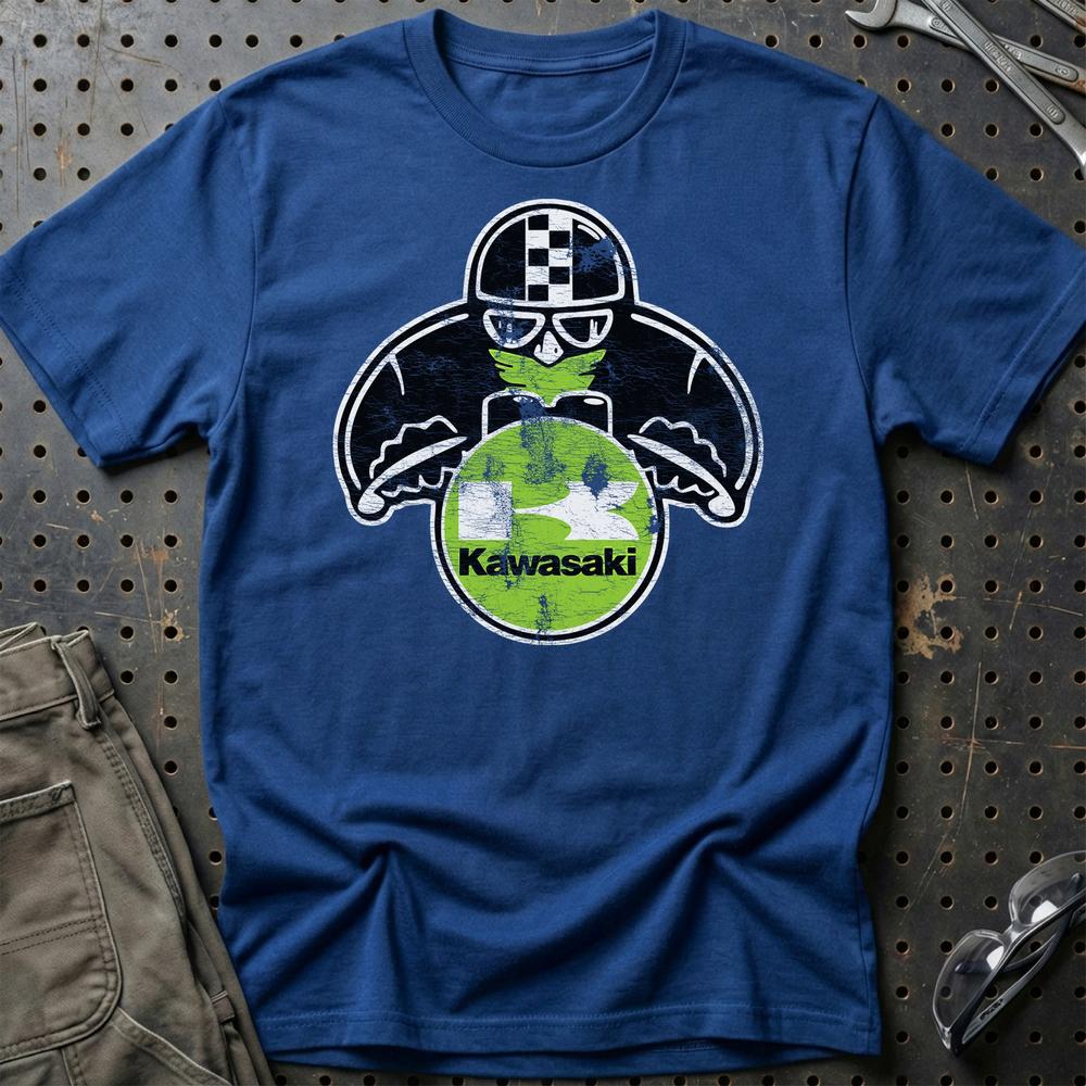 Kawasaki Biker Vintage Style Unisex T-Shirt , Bomuld-Beklædning-Kawasaki-Blå Royal-S-Garage Culture Shop- garage - man cave - merchandise