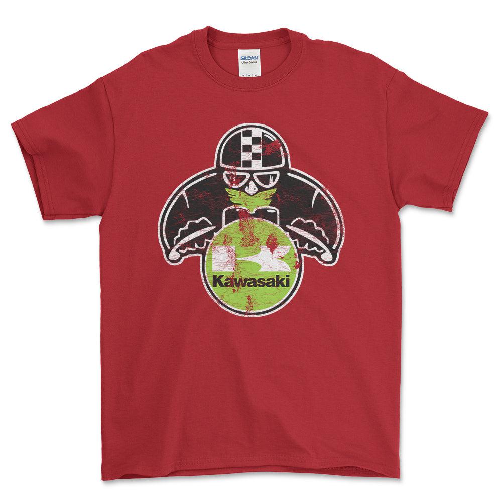 Kawasaki Biker Vintage Style Unisex T-Shirt , Bomuld-Beklædning-Kawasaki-Rød-S-Forside-Garage Culture Shop- garage - man cave - merchandise