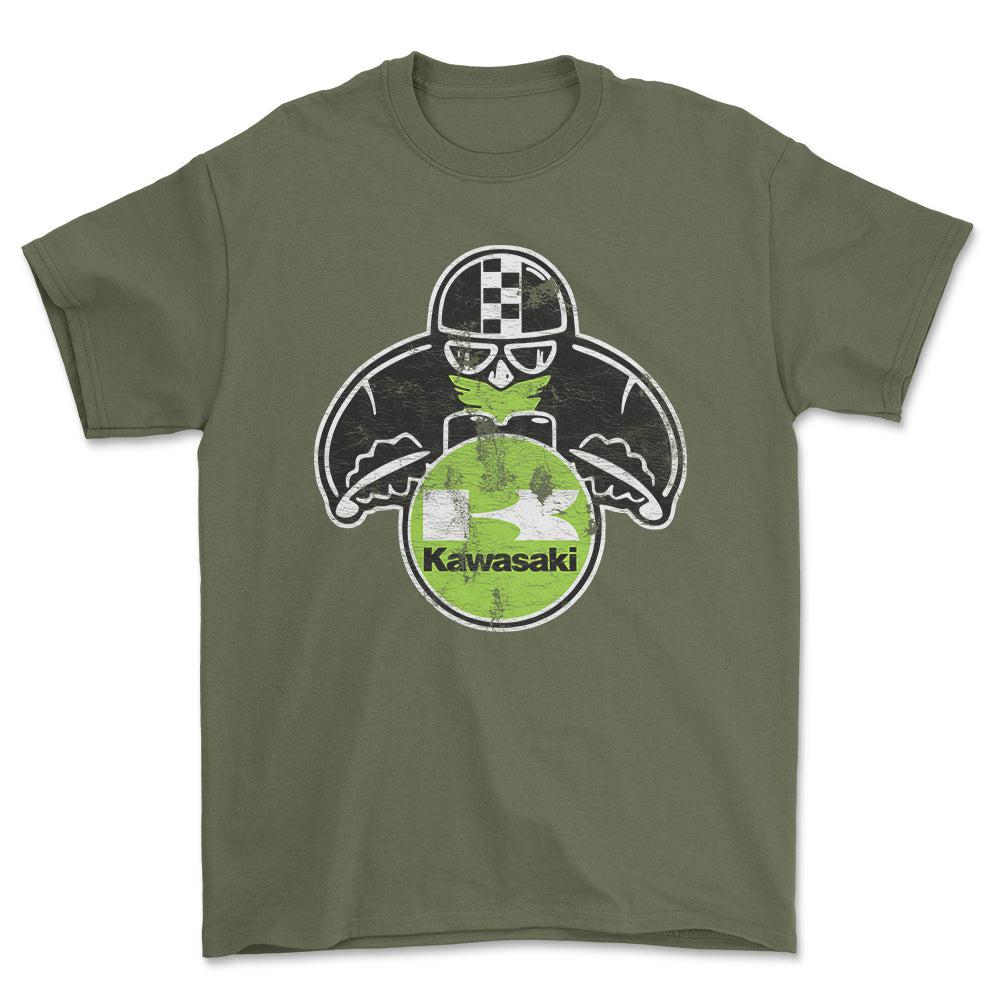 Kawasaki Biker Vintage Style Unisex T-Shirt , Bomuld-Beklædning-Kawasaki-Grøn Militær-S-Forside-Garage Culture Shop- garage - man cave - merchandise