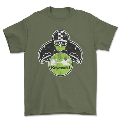 Kawasaki Biker Vintage Style Unisex T-Shirt , Bomuld-Beklædning-Kawasaki-Grøn Militær-S-Forside-Garage Culture Shop- garage - man cave - merchandise