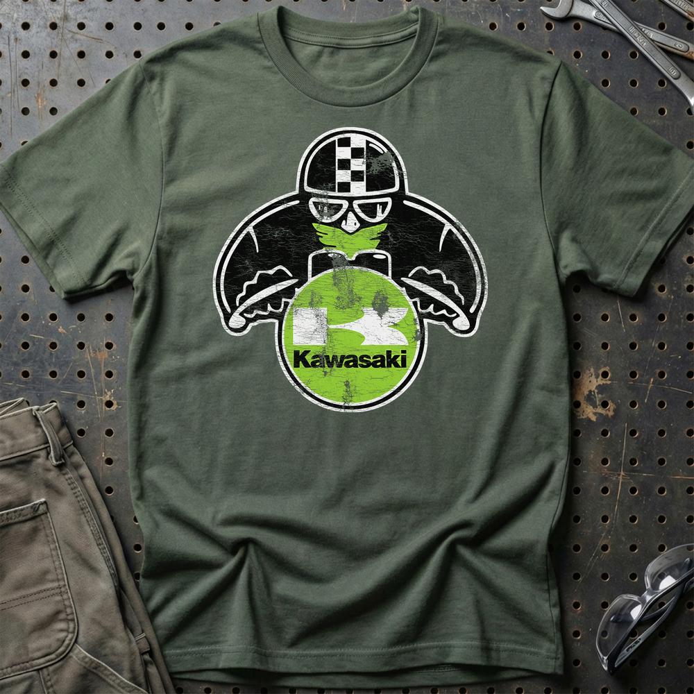 Kawasaki Biker Vintage Style Unisex T-Shirt , Bomuld-Beklædning-Kawasaki-Grøn Militær-S-Garage Culture Shop- garage - man cave - merchandise