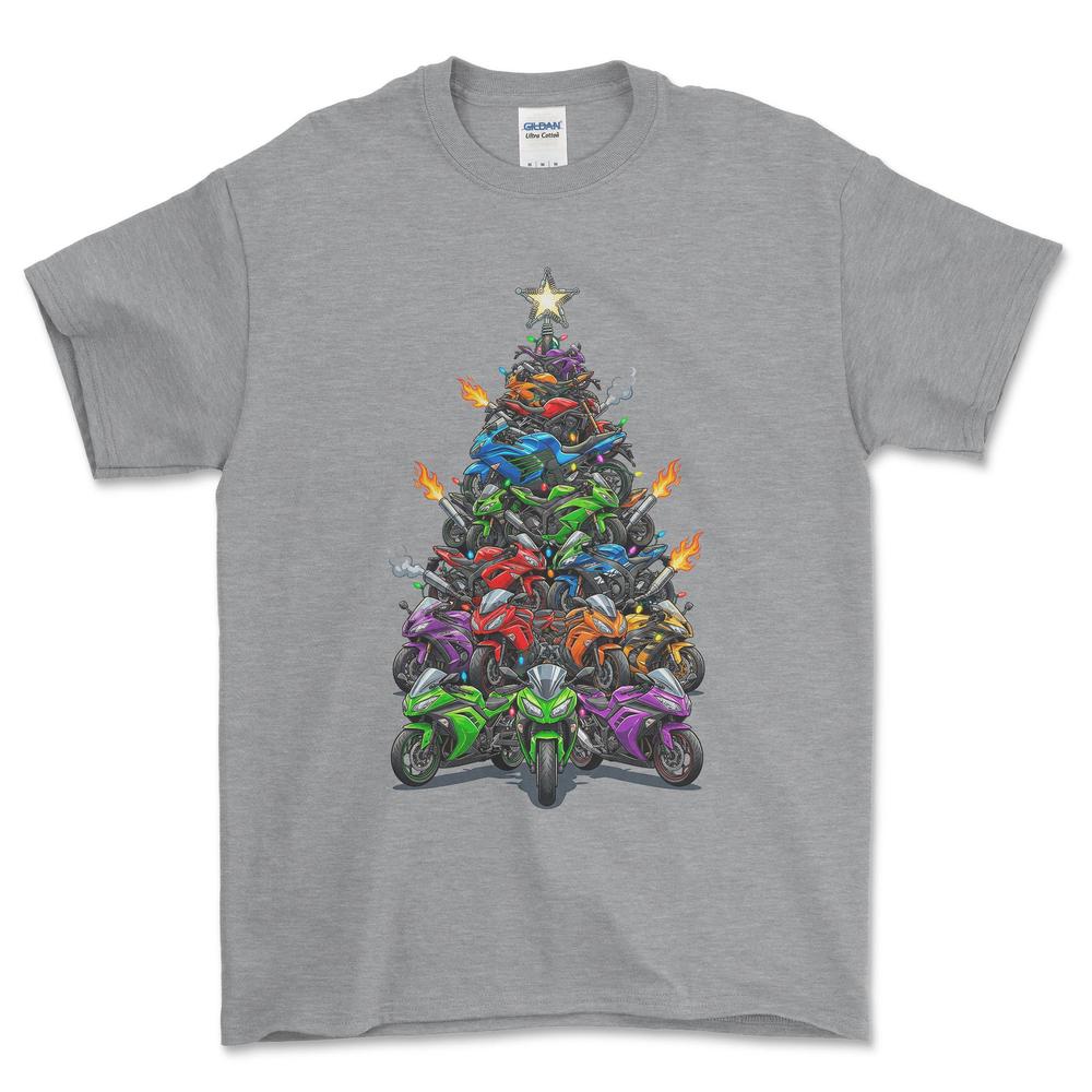Kawasaki Juletræ Christmas Tree - Unisex T-Shirt-Beklædning-Kawasaki-Grå Sport-S-Forside-Garage Culture Shop- garage - man cave - merchandise