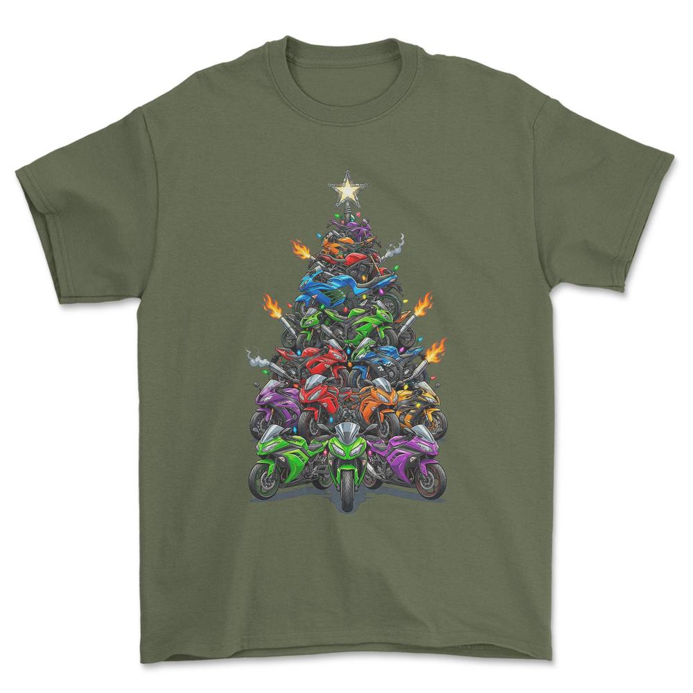 Kawasaki Juletræ Christmas Tree - Unisex T-Shirt-Beklædning-Kawasaki-Grøn Militær-S-Forside-Garage Culture Shop- garage - man cave - merchandise