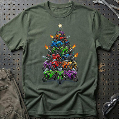 Kawasaki Juletræ Christmas Tree - Unisex T-Shirt-Beklædning-Kawasaki-Grøn Militær-S-Garage Culture Shop- garage - man cave - merchandise