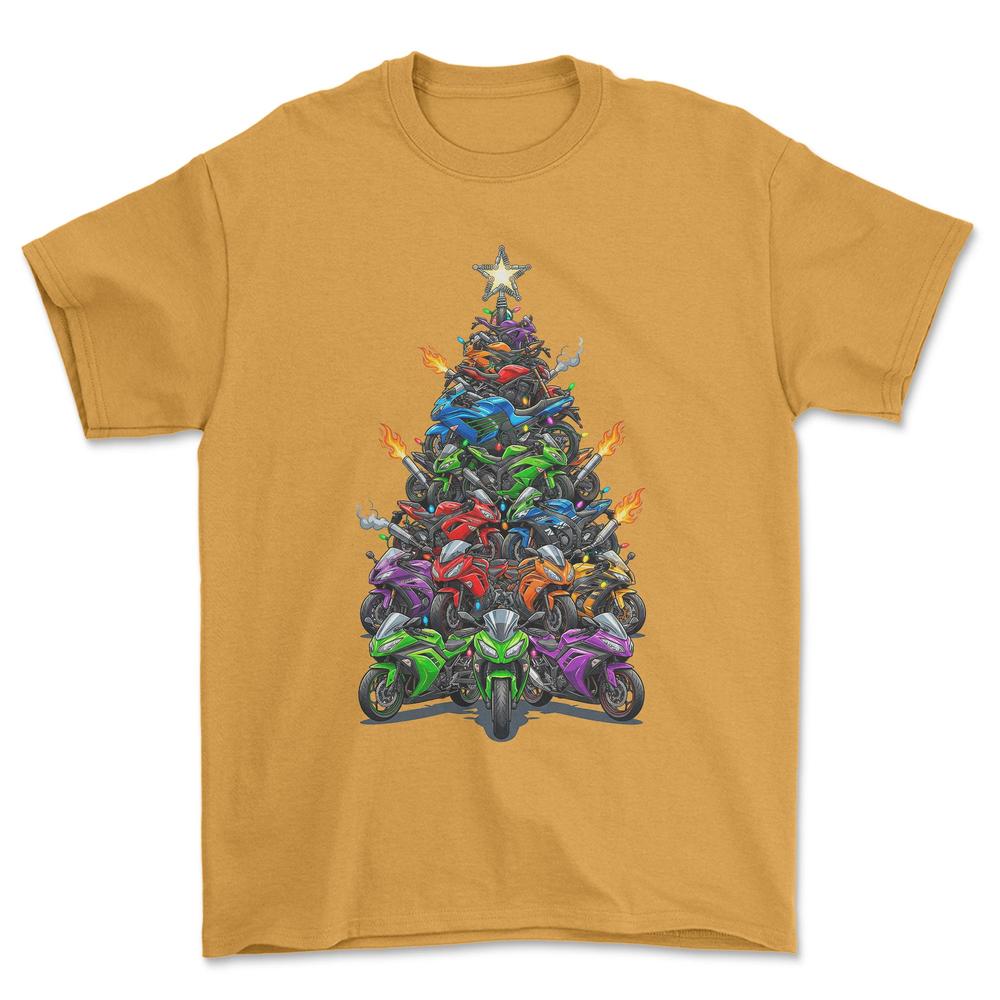 Kawasaki Juletræ Christmas Tree - Unisex T-Shirt-Beklædning-Kawasaki-Guld-S-Forside-Garage Culture Shop- garage - man cave - merchandise
