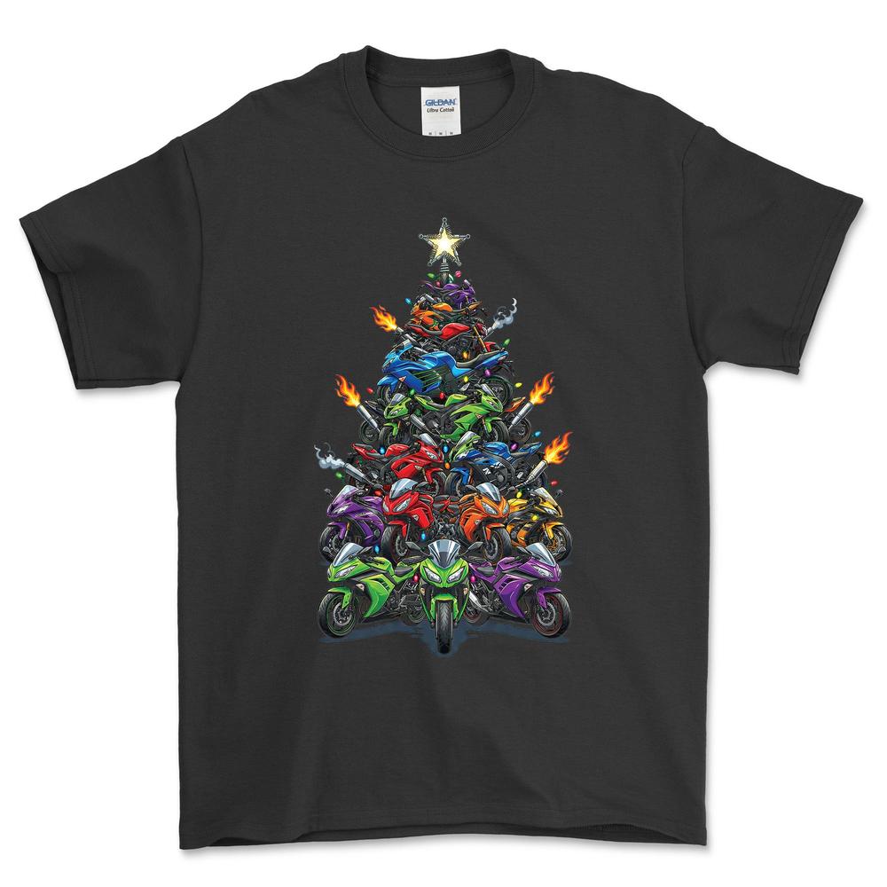 Kawasaki Juletræ Christmas Tree - Unisex T-Shirt-Beklædning-Kawasaki-Sort-S-Forside-Garage Culture Shop- garage - man cave - merchandise