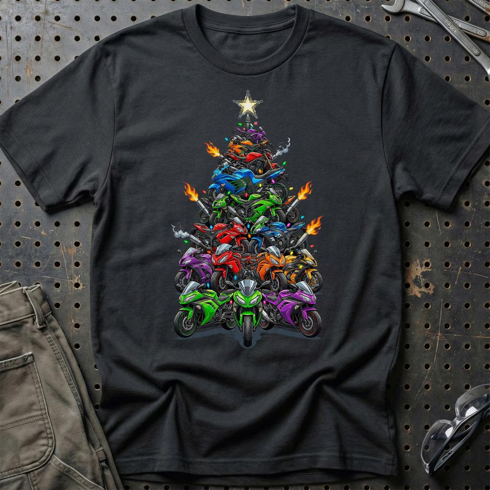 Kawasaki Juletræ Christmas Tree - Unisex T-Shirt-Beklædning-Kawasaki-Sort-S-Garage Culture Shop- garage - man cave - merchandise