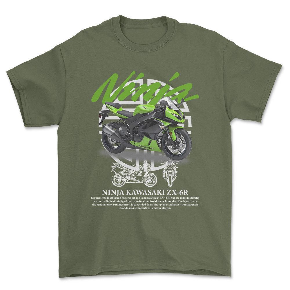 Kawasaki Ninja Unisex T-Shirt , Bomuld-Beklædning-Kawasaki-Grøn Militær-S-Forside-Garage Culture Shop- garage - man cave - merchandise