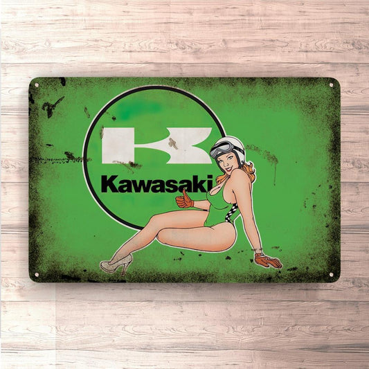 Kawasaki Pin-Up Vintage Skilte, Musemåtte, Dørmåtte-Skilte-Kawasaki-Garage Culture Shop- garage - man cave - merchandise