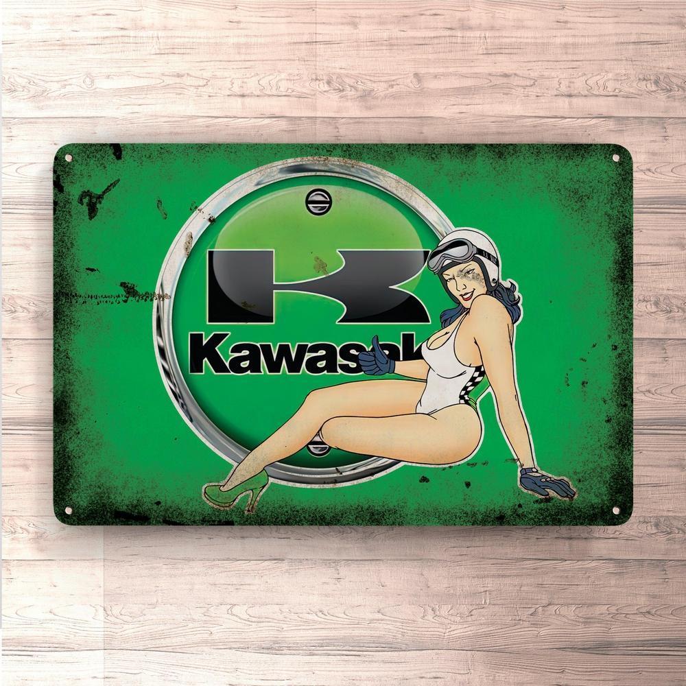 Kawasaki Pin-Up Vintage Skilte, Musemåtte, Dørmåtte , Plakat-Skilte-Kawasaki-Garage Culture Shop- garage - man cave - merchandise