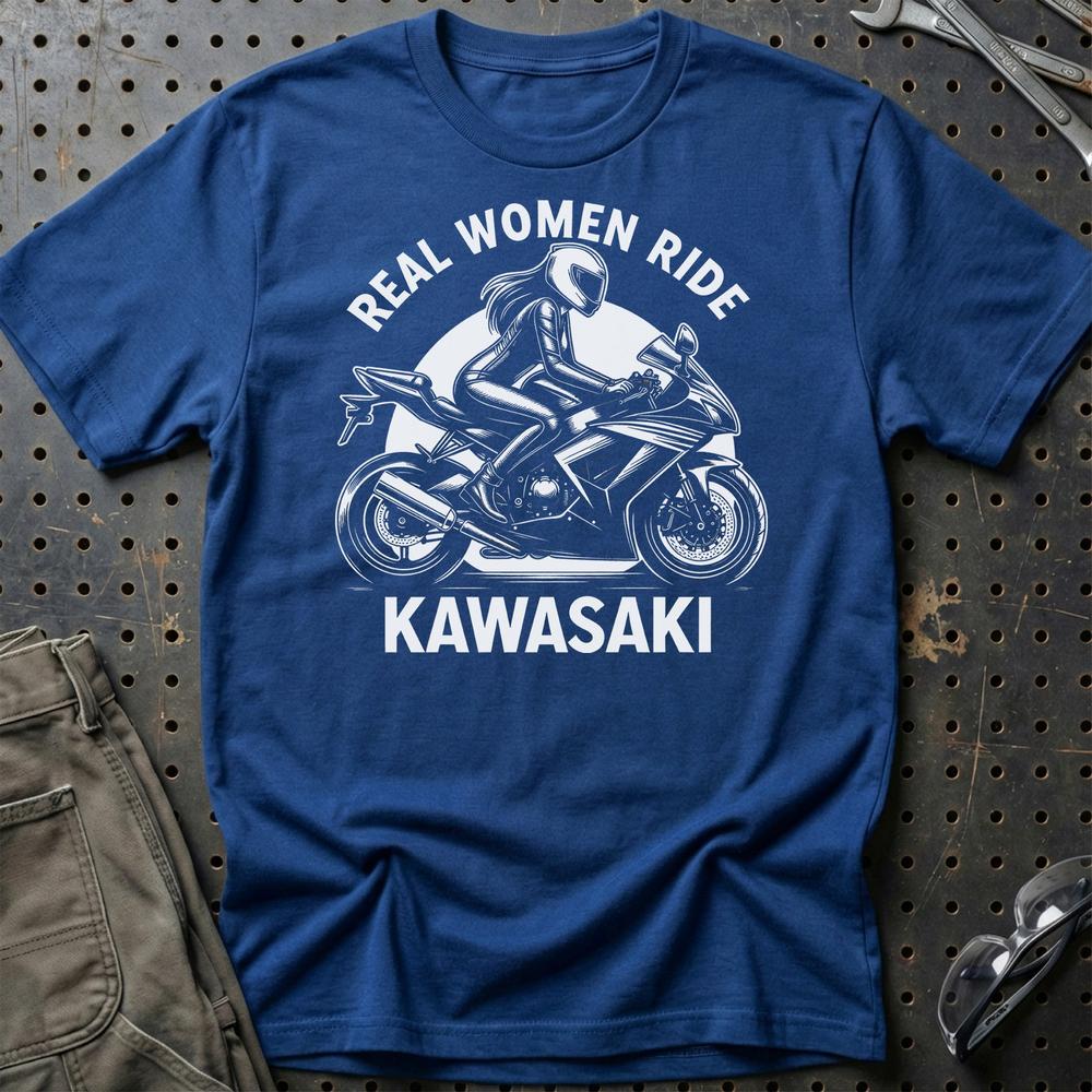 Kawasaki Real Women Ride Kawasaki - Unisex T-Shirt , Bomuld-Beklædning-Kawasaki-Blå Royal-S-Garage Culture Shop- garage - man cave - merchandise