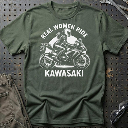 Kawasaki Real Women Ride Kawasaki - Unisex T-Shirt , Bomuld-Beklædning-Kawasaki-Grøn Militær-S-Garage Culture Shop- garage - man cave - merchandise
