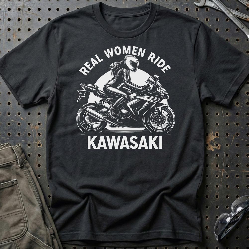 Kawasaki Real Women Ride Kawasaki - Unisex T-Shirt , Bomuld-Beklædning-Kawasaki-Sort-S-Garage Culture Shop- garage - man cave - merchandise