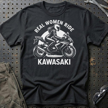 Kawasaki Real Women Ride Kawasaki - Unisex T-Shirt , Bomuld-Beklædning-Kawasaki-Sort-S-Garage Culture Shop- garage - man cave - merchandise