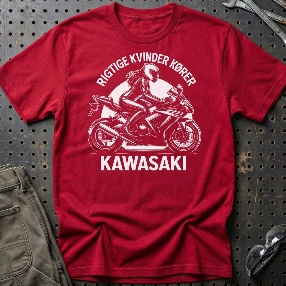 Kawasaki Rigtige Kvinder Kører Kawasaki - Unisex T-Shirt , Bomuld-Beklædning-Kawasaki-Rød-S-Garage Culture Shop- garage - man cave - merchandise
