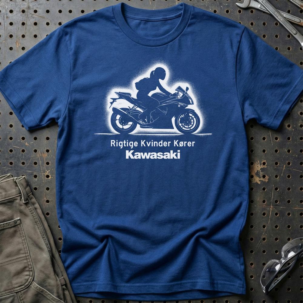 Kawasaki Rigtige Kvinder Kører - Unisex T-Shirt , Bomuld-Beklædning-Kawasaki-Blå Royal-S-Garage Culture Shop- garage - man cave - merchandise