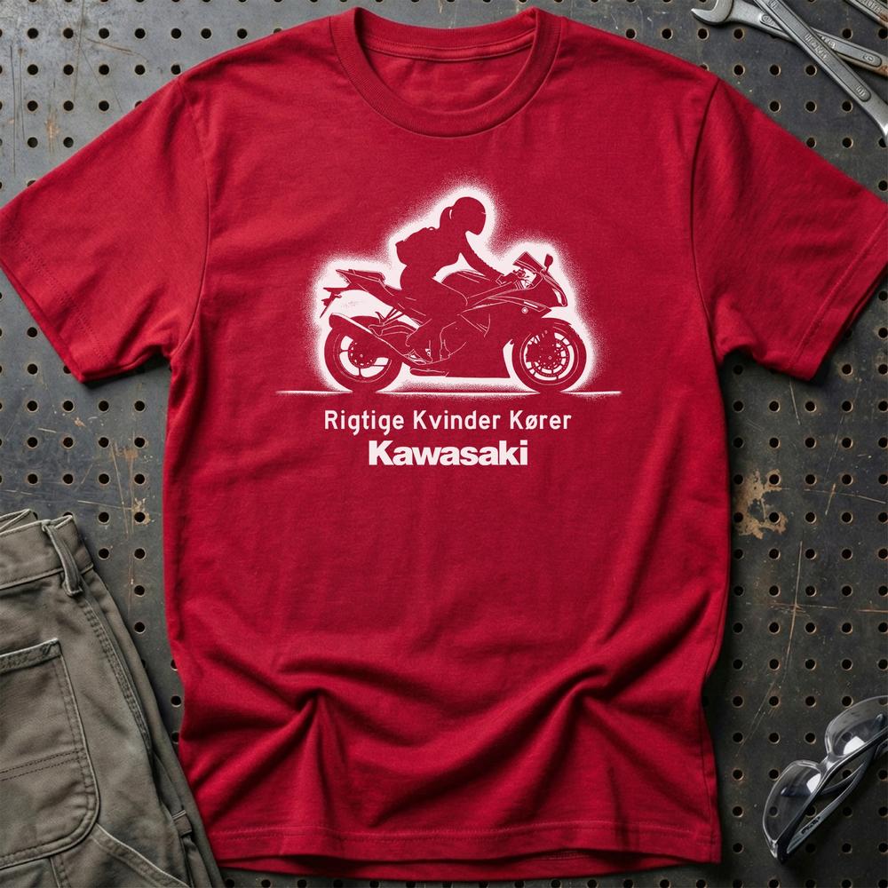 Kawasaki Rigtige Kvinder Kører - Unisex T-Shirt , Bomuld-Beklædning-Kawasaki-Rød-S-Garage Culture Shop- garage - man cave - merchandise