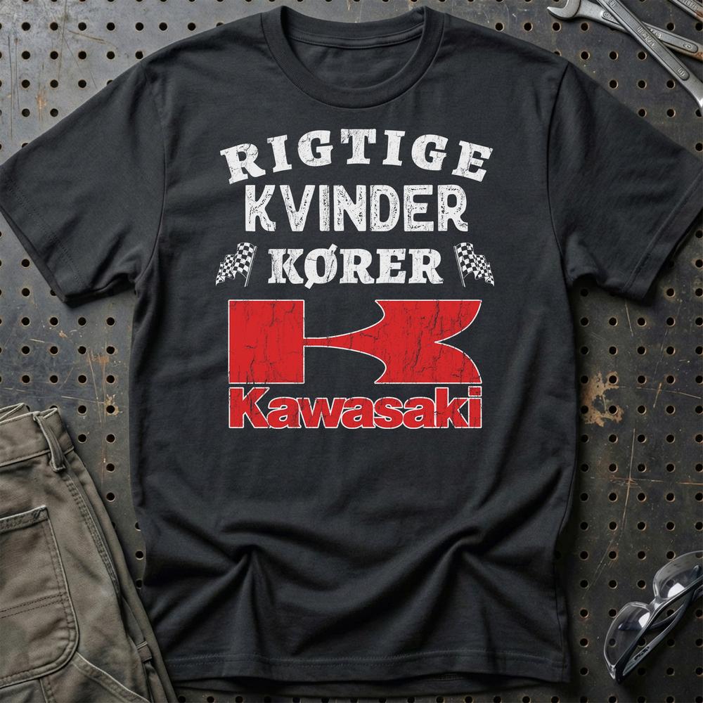 Kawasaki Rigtige Kvinder Kører - Unisex T-Shirt , Bomuld-Beklædning-Kawasaki-Sort-S-Garage Culture Shop- garage - man cave - merchandise