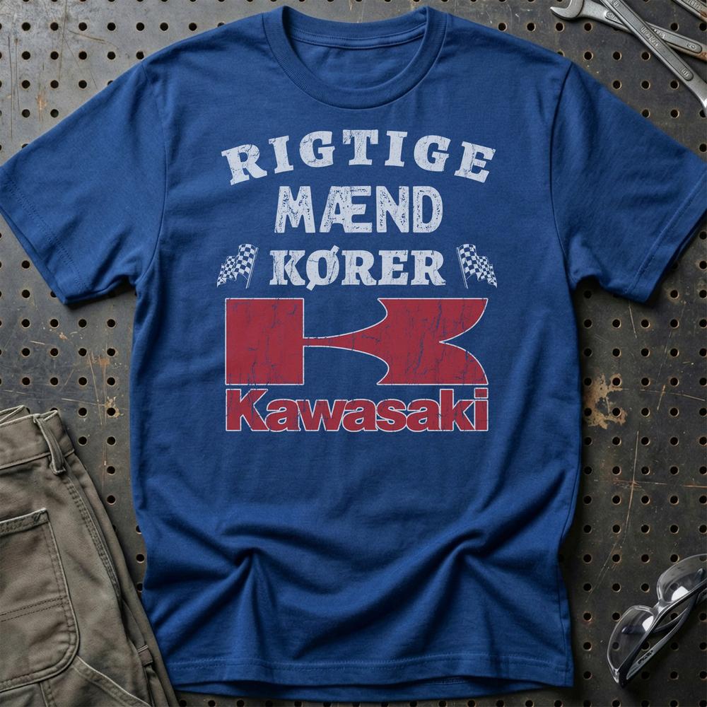 Kawasaki Rigtige Mænd Kører - Unisex T-Shirt , Bomuld-Beklædning-Kawasaki-Blå Royal-S-Garage Culture Shop- garage - man cave - merchandise