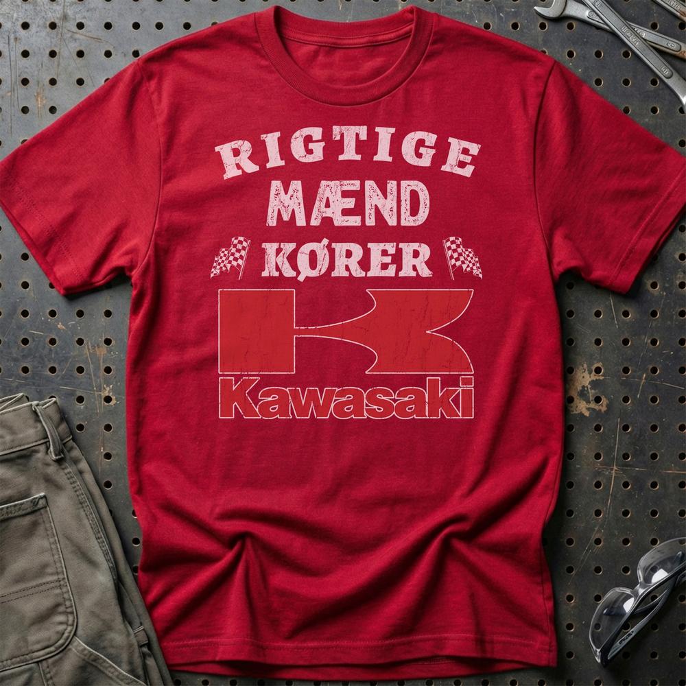 Kawasaki Rigtige Mænd Kører - Unisex T-Shirt , Bomuld-Beklædning-Kawasaki-Rød-S-Garage Culture Shop- garage - man cave - merchandise