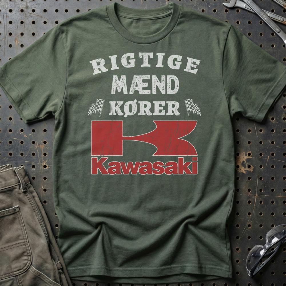 Kawasaki Rigtige Mænd Kører - Unisex T-Shirt , Bomuld-Beklædning-Kawasaki-Grøn Militær-S-Garage Culture Shop- garage - man cave - merchandise