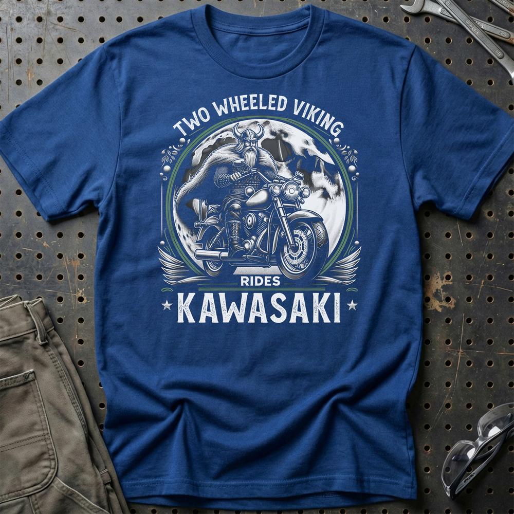 Kawasaki Two Wheeled Viking Rides Kawasaki - Unisex T-Shirt , Bomuld-Beklædning-Kawasaki-Blå Royal-S-Garage Culture Shop- garage - man cave - merchandise
