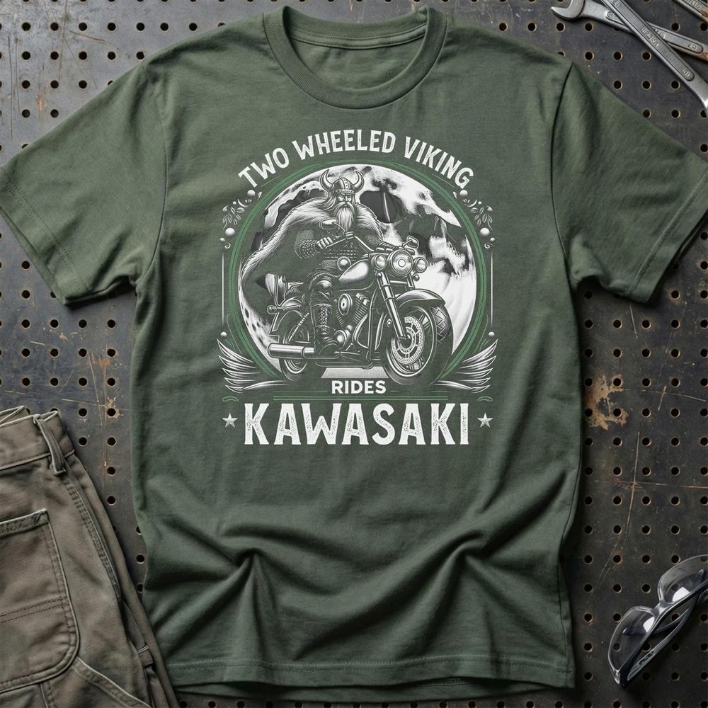 Kawasaki Two Wheeled Viking Rides Kawasaki - Unisex T-Shirt , Bomuld-Beklædning-Kawasaki-Grøn Militær-S-Garage Culture Shop- garage - man cave - merchandise