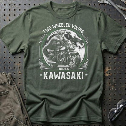 Kawasaki Two Wheeled Viking Rides Kawasaki - Unisex T-Shirt , Bomuld-Beklædning-Kawasaki-Grøn Militær-S-Garage Culture Shop- garage - man cave - merchandise