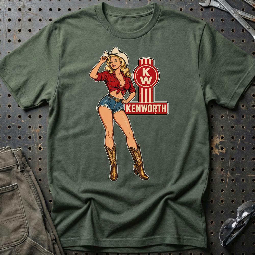 Kenworth Cowboy Pinup T-Shirt-Beklædning-Kenworth-Grøn Militær-S-Garage Culture Shop- garage - man cave - merchandise