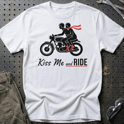 Kiss Me And Ride – Unisex T-Shirt , Bomuld-Beklædning-Garage Culture-Hvid-S-Garage Culture Shop- garage - man cave - merchandise