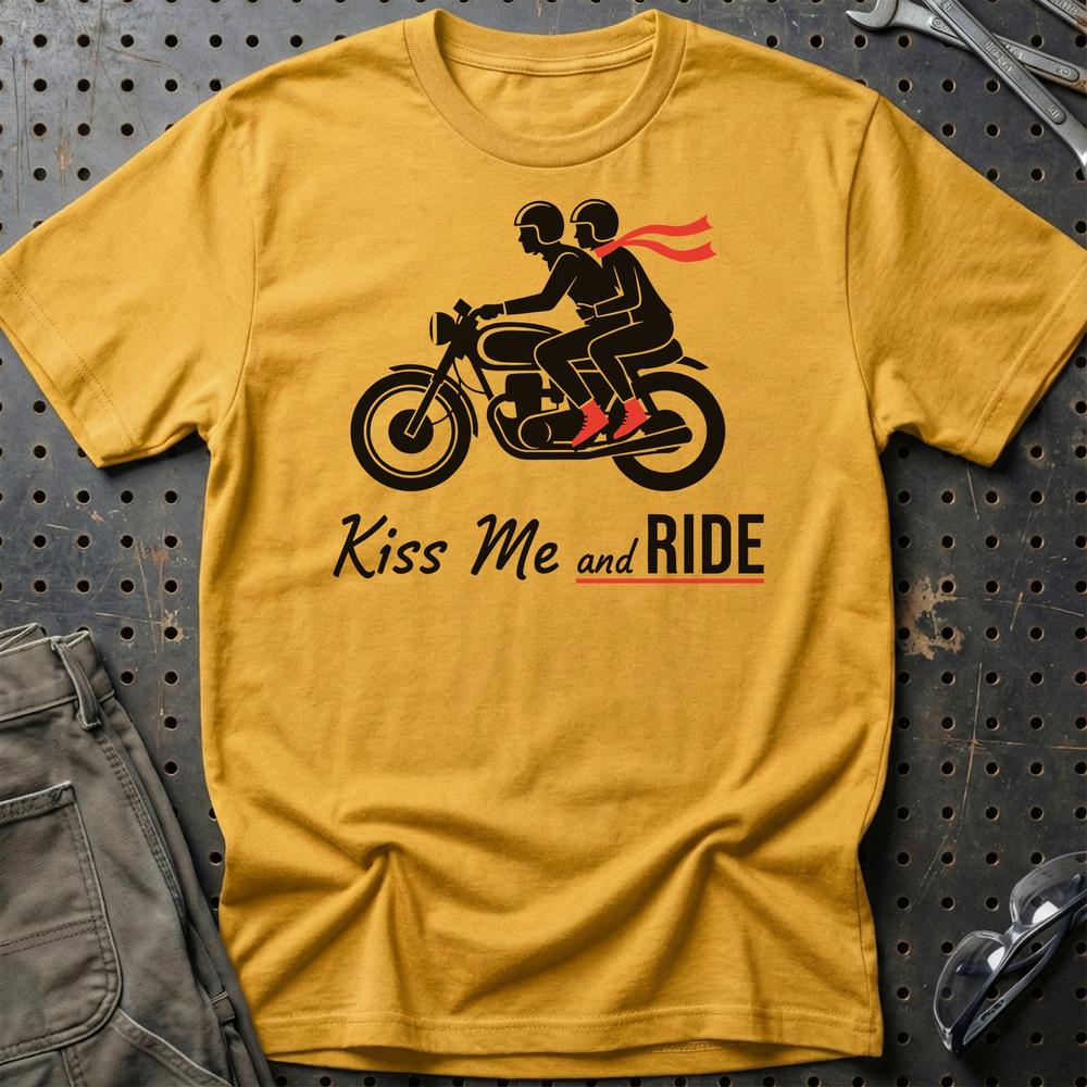 Kiss Me And Ride – Unisex T-Shirt , Bomuld-Beklædning-Garage Culture-Guld-S-Garage Culture Shop- garage - man cave - merchandise